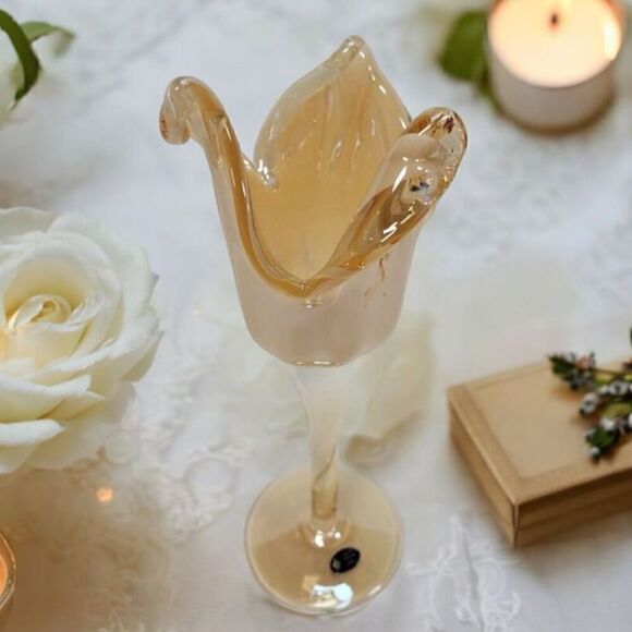 Murano Art Glass Pillar Candle Holder Italian Peach Tulips No Flaws - Picture 4 of 6